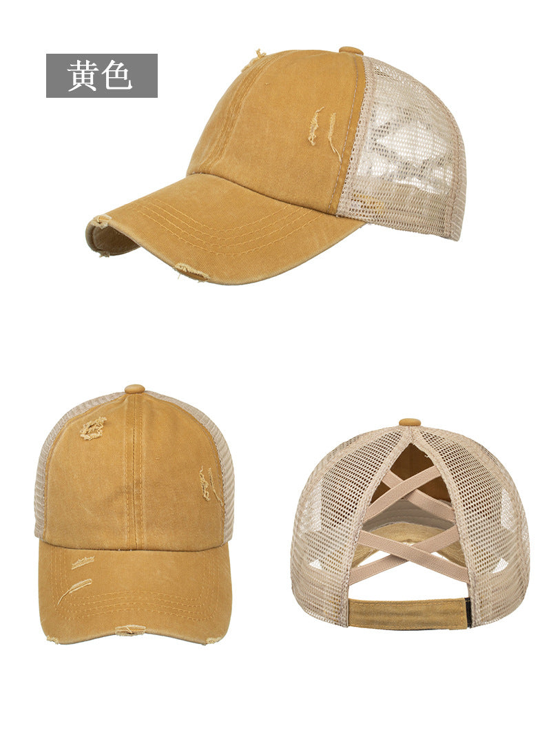 Wholesale Washed old light version cross elastic ponytail baseball net cap baseball cap cap Sun cap B719